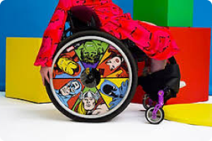 A wheelchair cover of the Marvel comics characters faces displayed in triangle sections around the wheel in a circle, meeting at the centre 